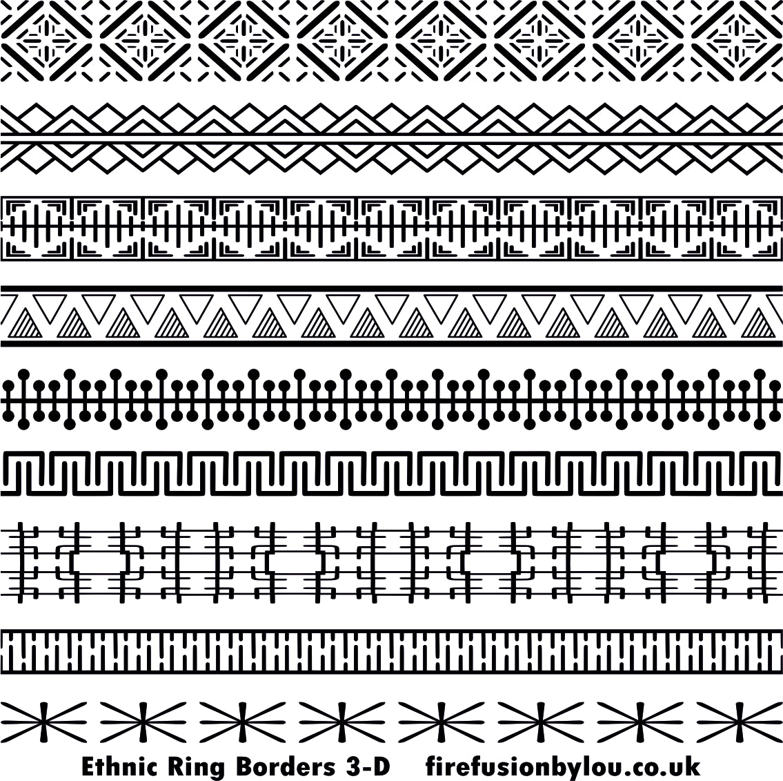 A black and white picture of ethnic ring borders design two. This picture shows nine different styles of the texture mat.