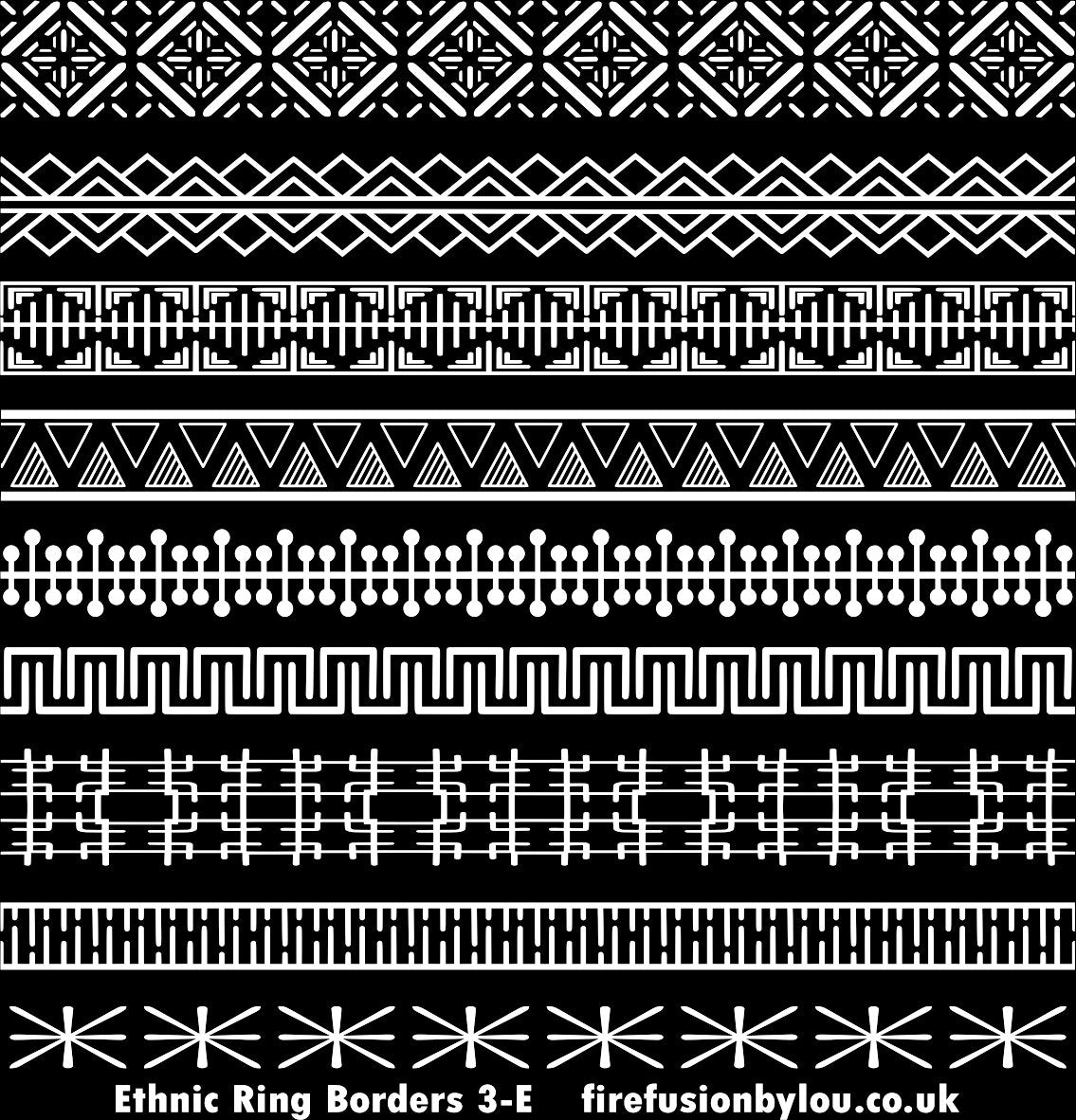 A black and white picture of ethnic ring borders design two. This picture shows nine different styles of the texture mat.