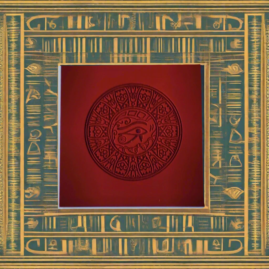 Egyptian-themed framed wall art featuring a red central panel with a circular red relief motif, surrounded by a teal and gold hieroglyphic border.