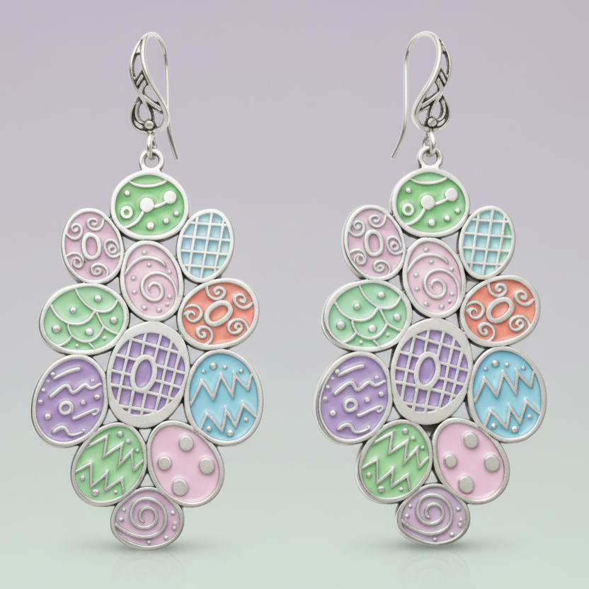 Pair of colourful earrings with oval designs on a white background