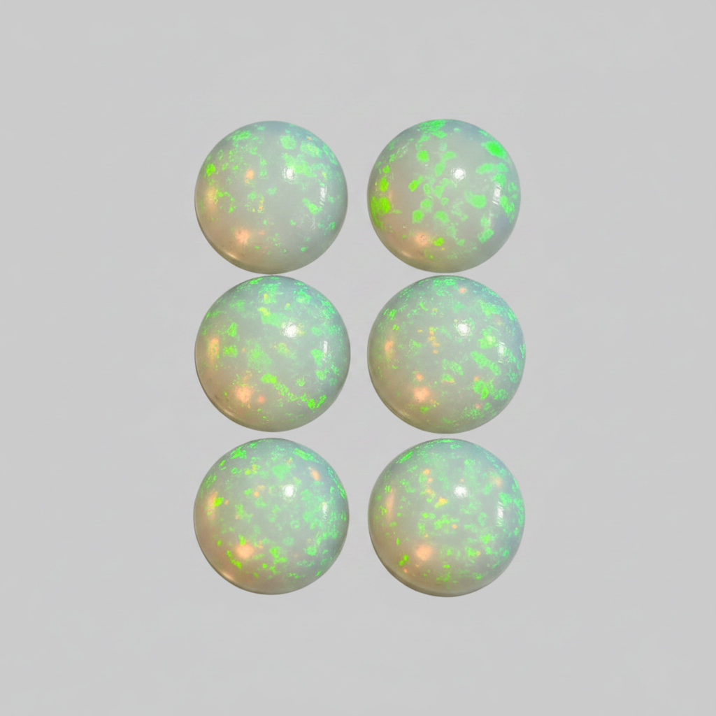 Six round white opal gemstones with vibrant green and orange flashes, arranged in two columns of three on a solid grey background.