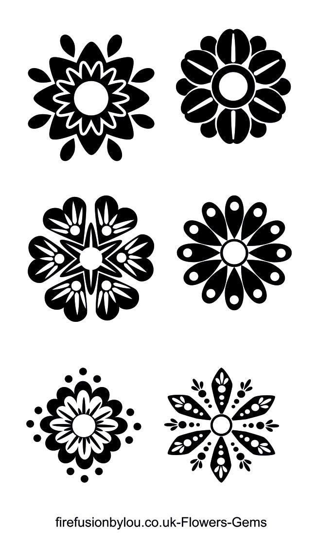 Six black floral and geometric ornamental motifs arranged in two columns on a white background, with small text at the bottom reading firefusionbylou.co.uk