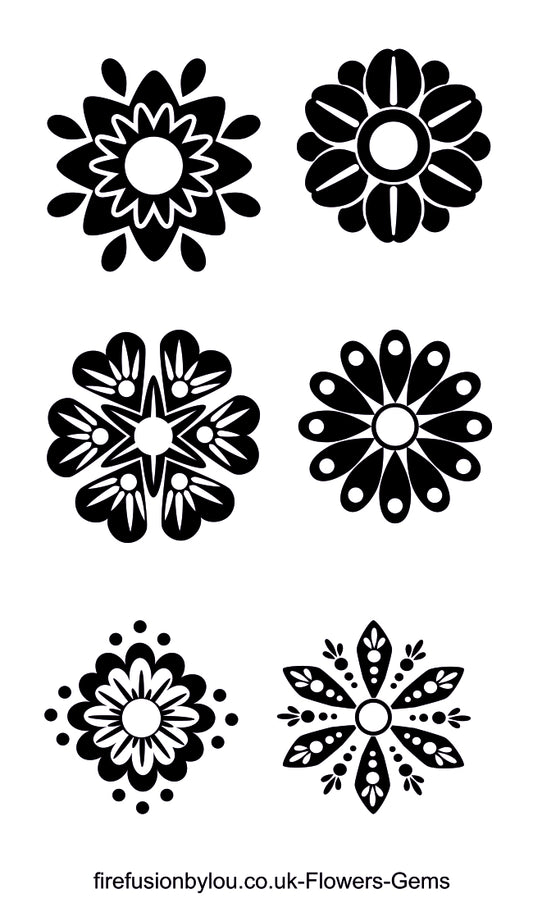 Six black floral and geometric ornamental motifs arranged in two columns on a white background, with small text at the bottom reading firefusionbylou.co.uk