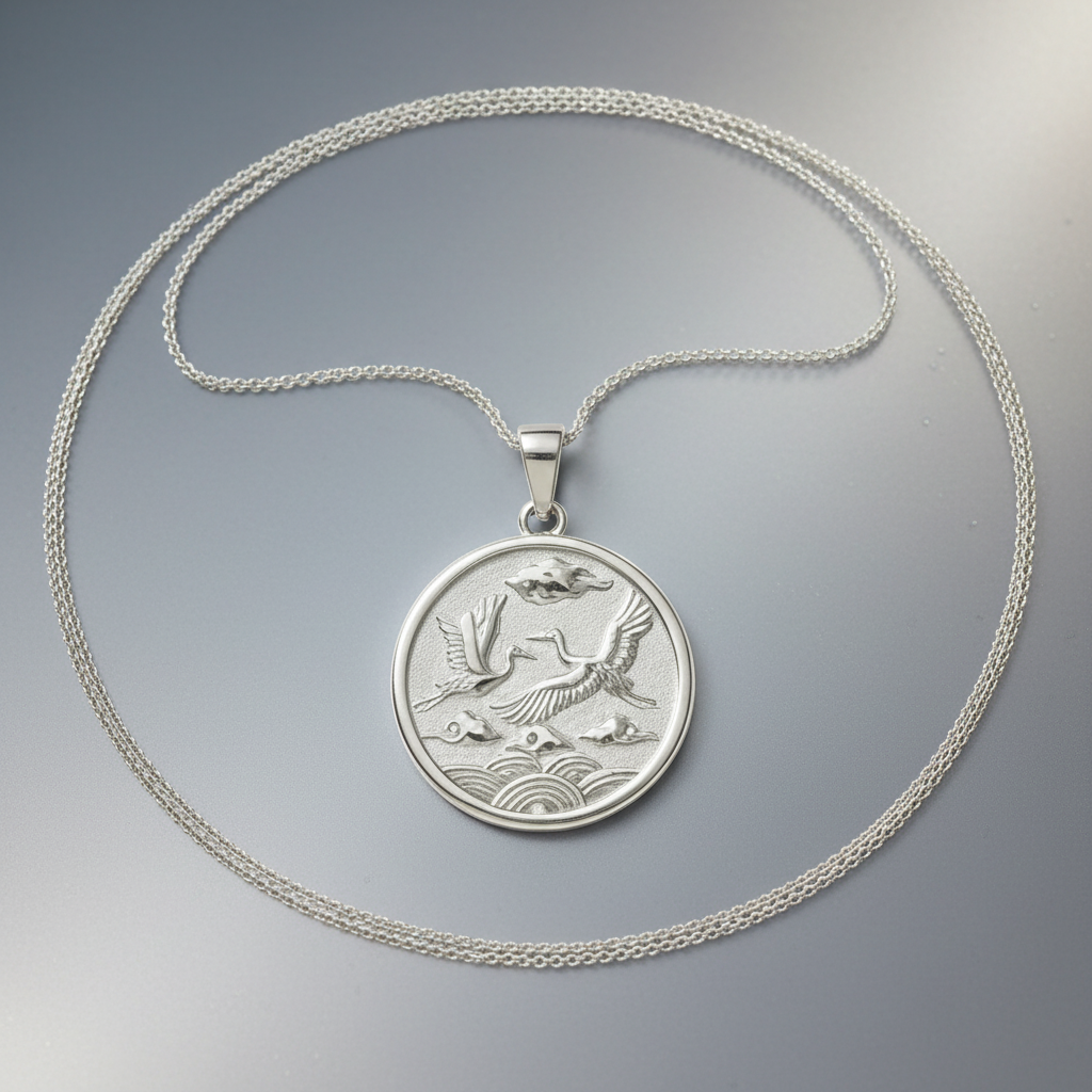 Silver necklace with a pendant featuring an engraved design on a gray background