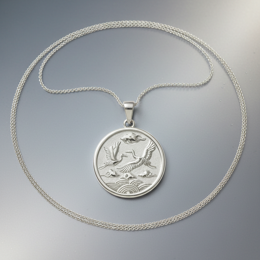 Silver necklace with a pendant featuring an engraved design on a gray background