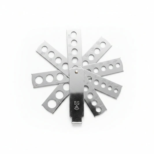 A metallic multi-size gem measuring set arranged in a circular fan shape on a plain light background.