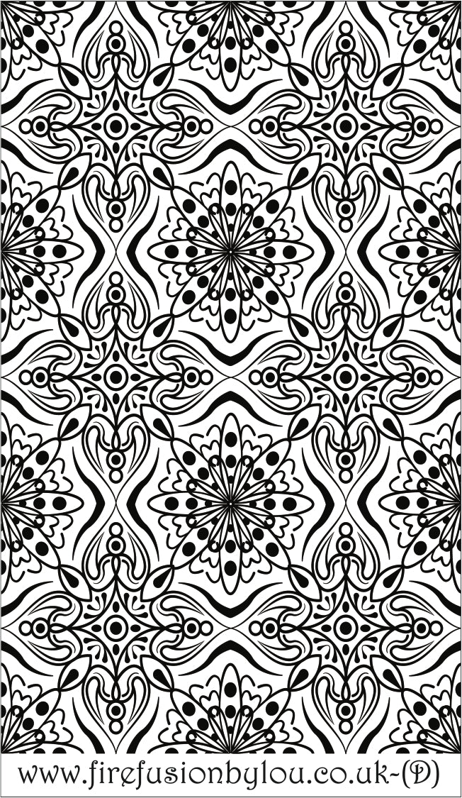 A debossed fancy geometric texture mat. This picture shows the texture mat pattern in black and white for use on metal clay or polymer clay.