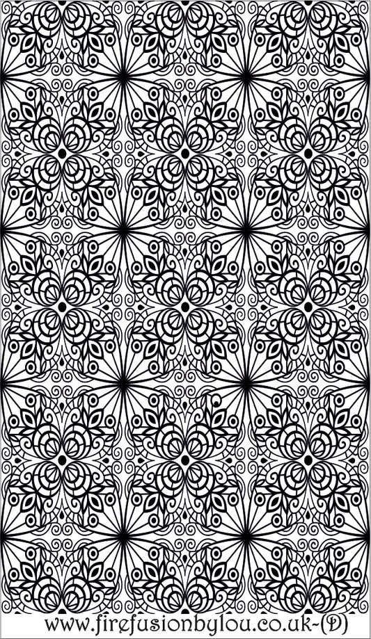A debossed fancy geometric texture mat. This picture shows the texture mat pattern in black and white for use on metal clay or polymer clay.