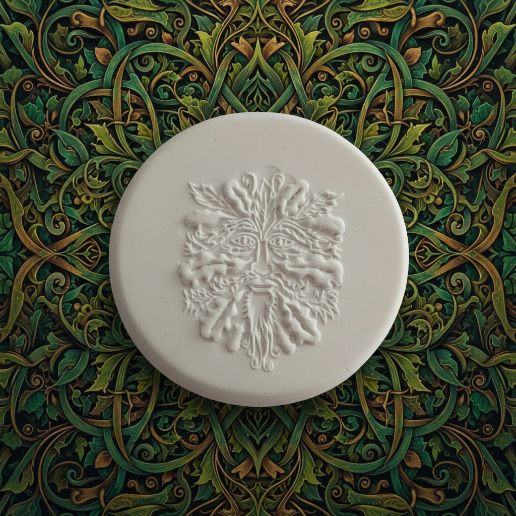 A round  clay impression featuring an embossed green man tree face.