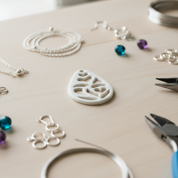 A silver clay cut-out heart pendant with Jewellery-making tools and materials on a table with pliers and beads.