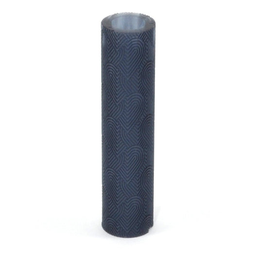 Dark blue cylindrical object with textured pattern on a white background