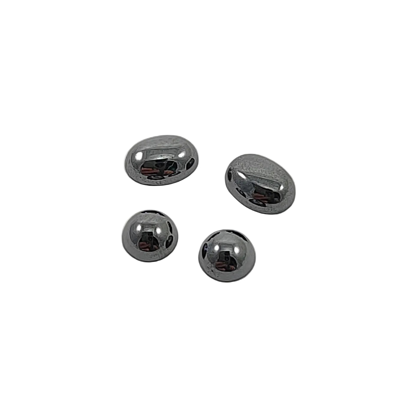 Four metallic gray buttons on a white background