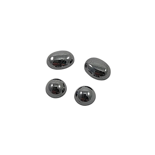 Four metallic gray buttons on a white background