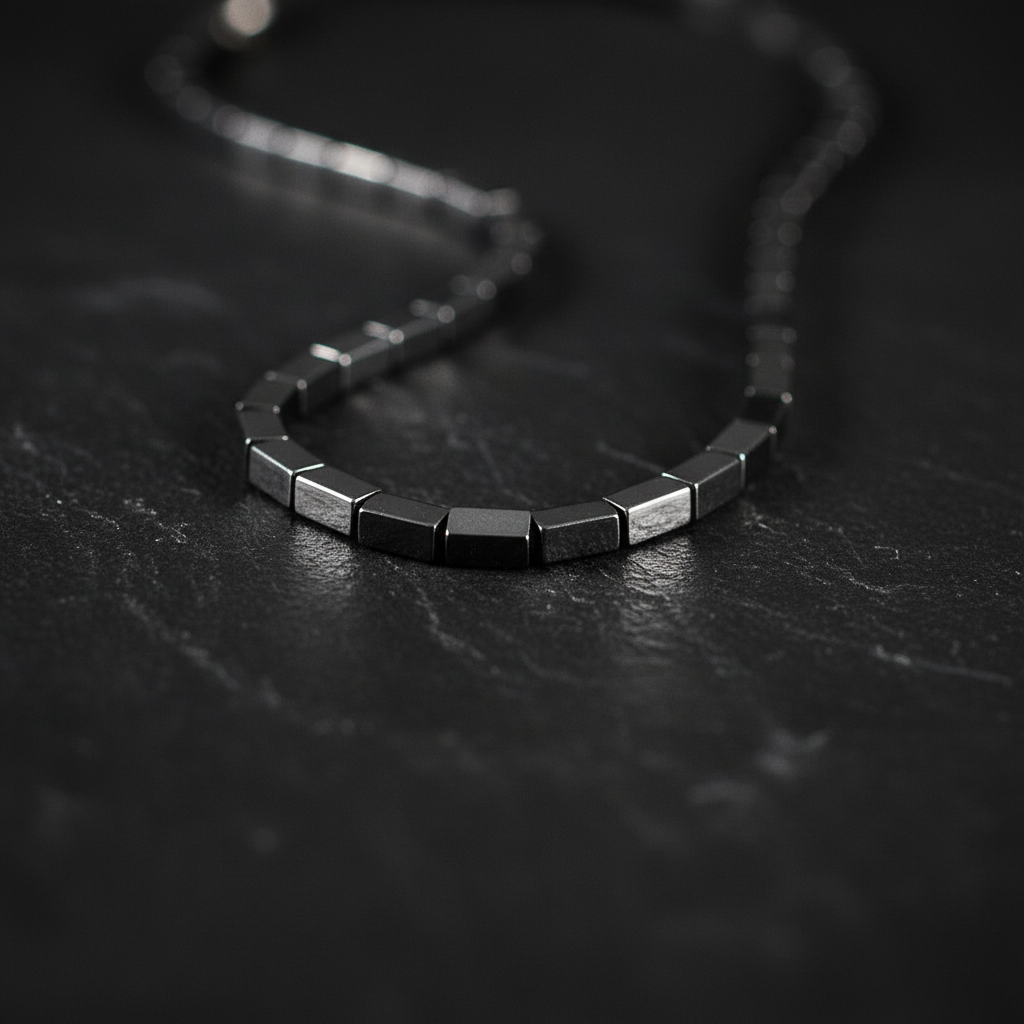 "Close up of hematite cube beads 8mm by 4mm showing rectangular geometric shape and polished metallic surface"