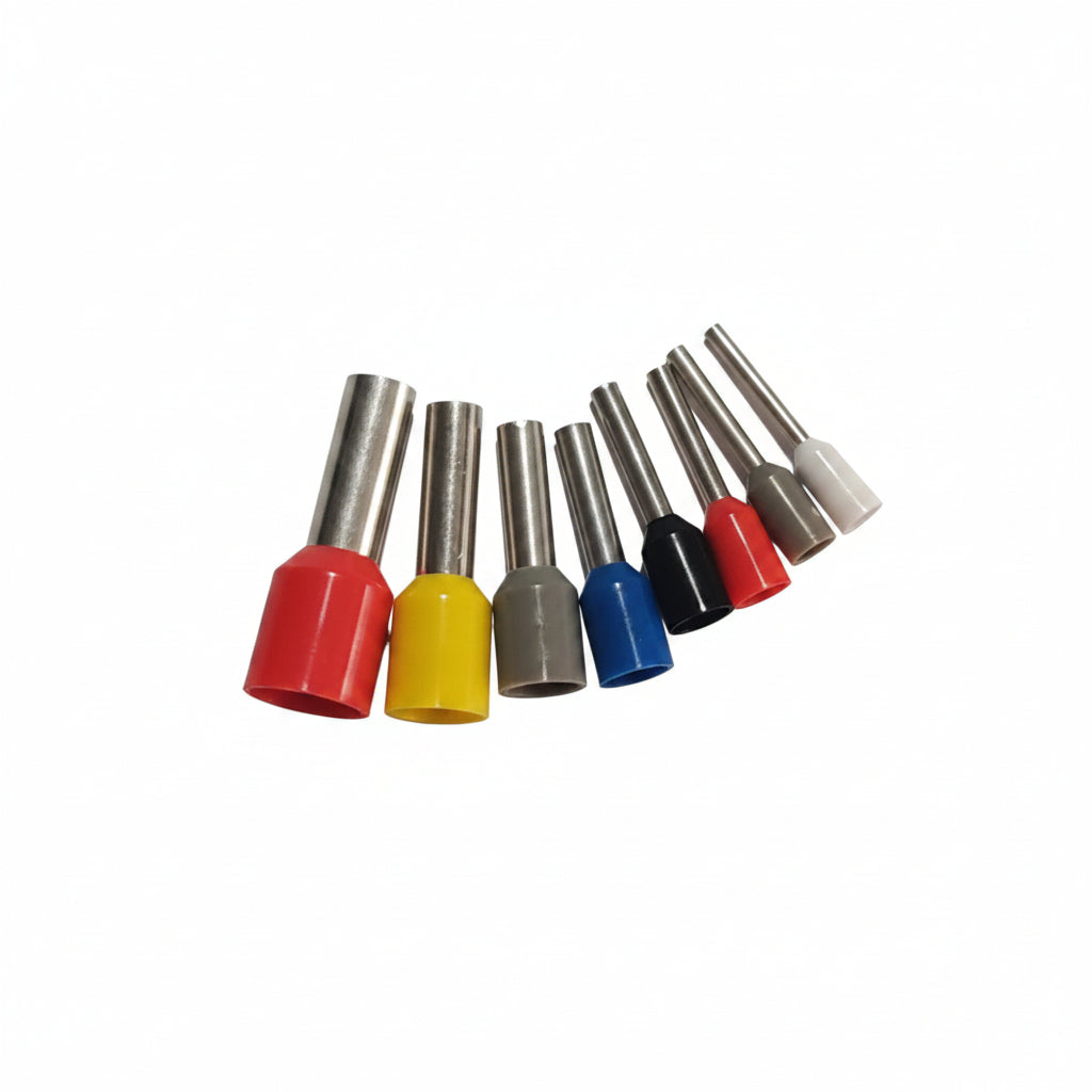 Eight small hole punches coloured plastic ends in red, yellow, grey, blue, black, red, and white, arranged on a plain light background.
