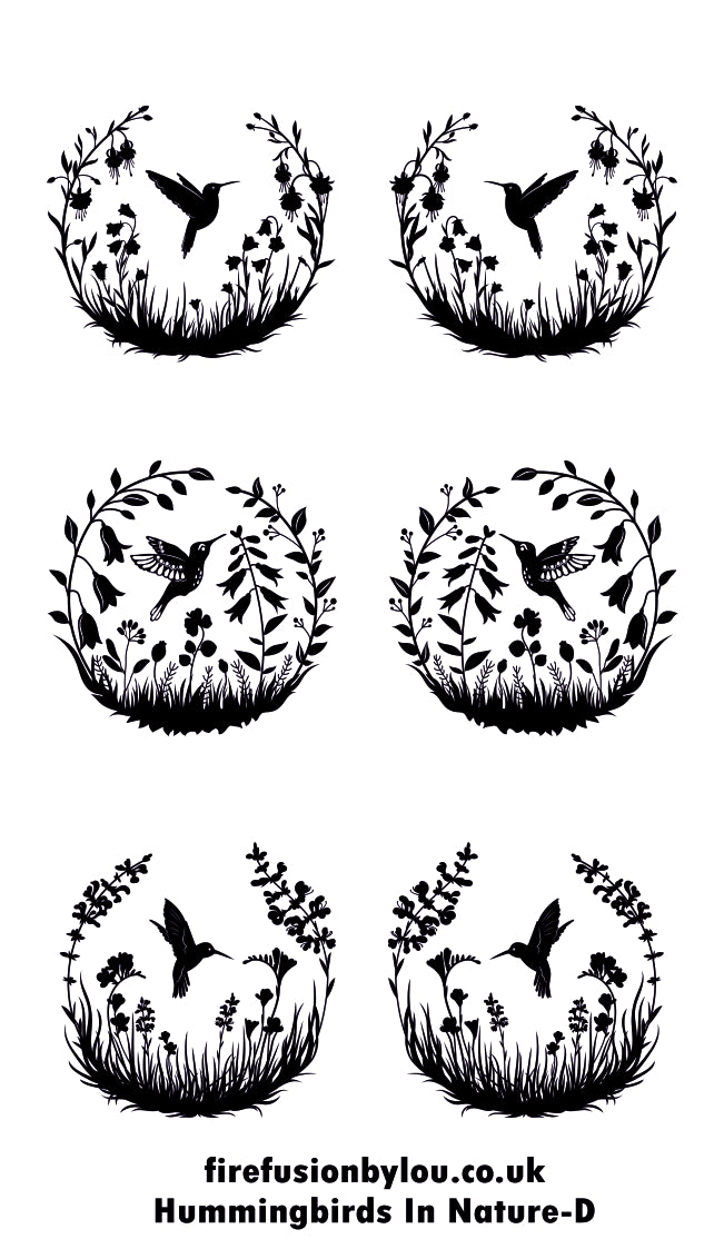 Six black hummingbird and floral wreath silhouettes arranged on a white background, with the text 'firefusionbylou.co.