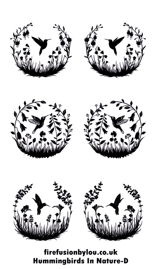 Six black hummingbird and floral wreath silhouettes arranged on a white background, with the text 'firefusionbylou.co.
