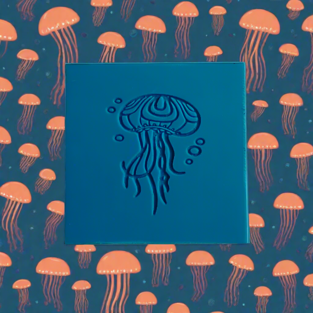 Blue stamp with jellyfish design on a patterned background of orange jellyfish. 