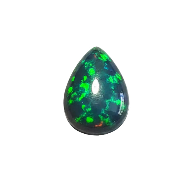 A teardrop-shaped dark green opal gemstone cabochon with vibrant green and blue flashes, set against a plain light gray background.