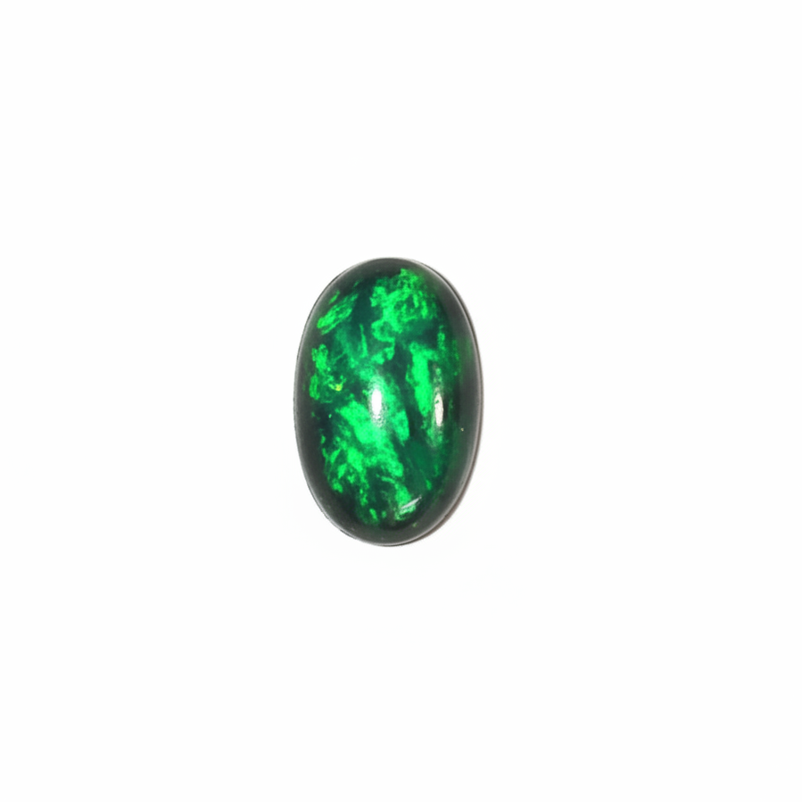 A small oval cabochon gemstone with a black base and vibrant green matrix, shown on a plain light gray background.