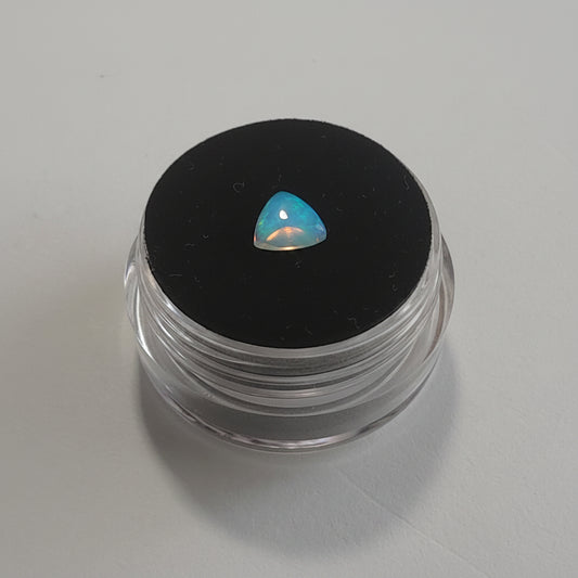 A small triangular iridescent opal gemstone with blue, green, and pink flashes, displayed on a black circular pad inside a clear plastic jar, set against a plain light gray background.