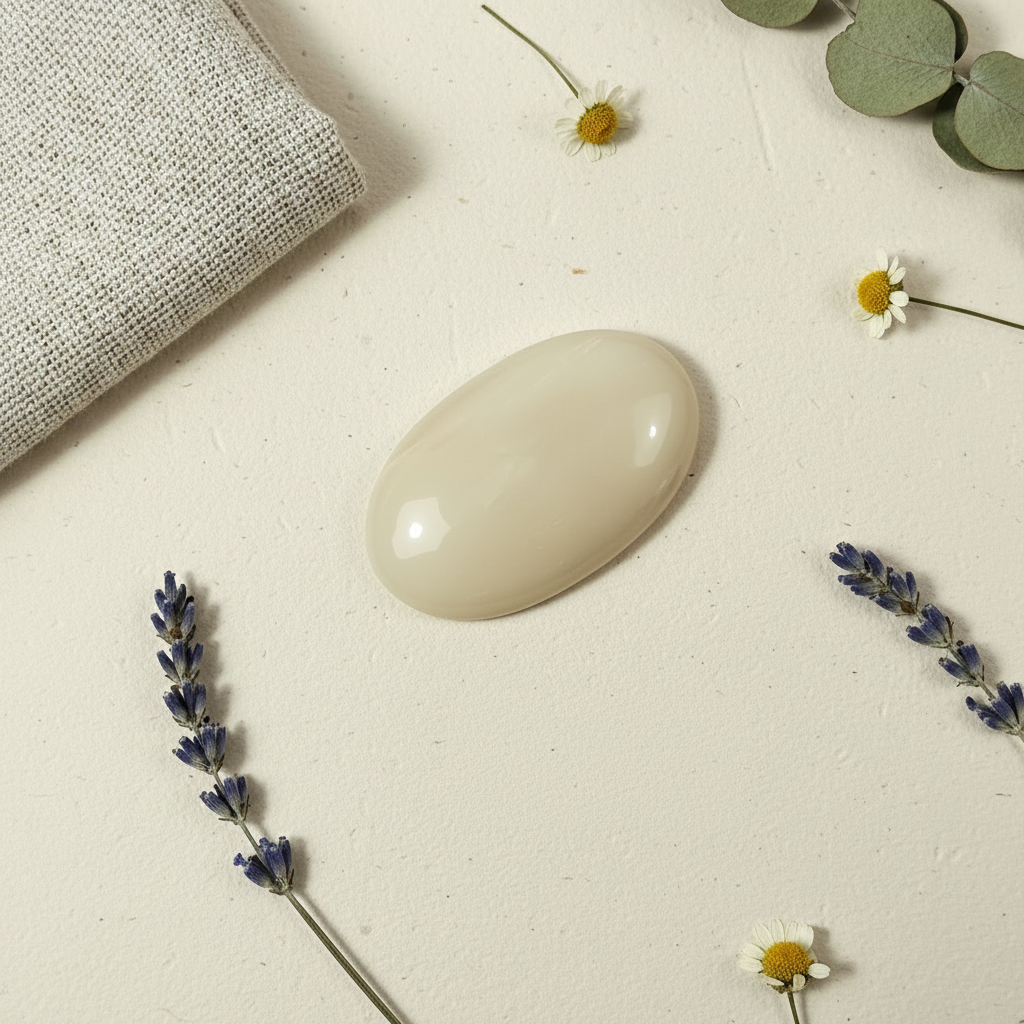 Calcite stone on a light beige surface with lavender and small flowers