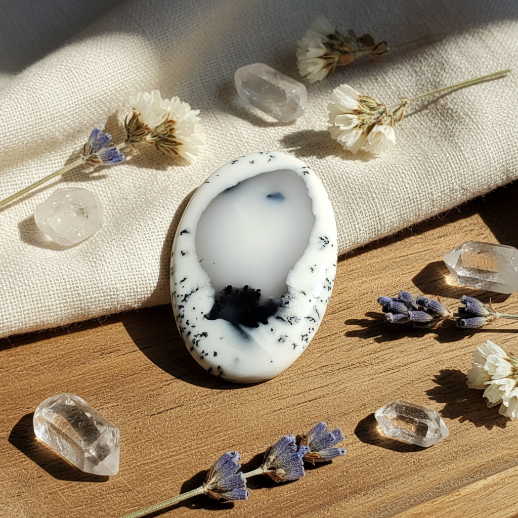 Dendrite with black speckles on a wooden surface with crystals and flowers.