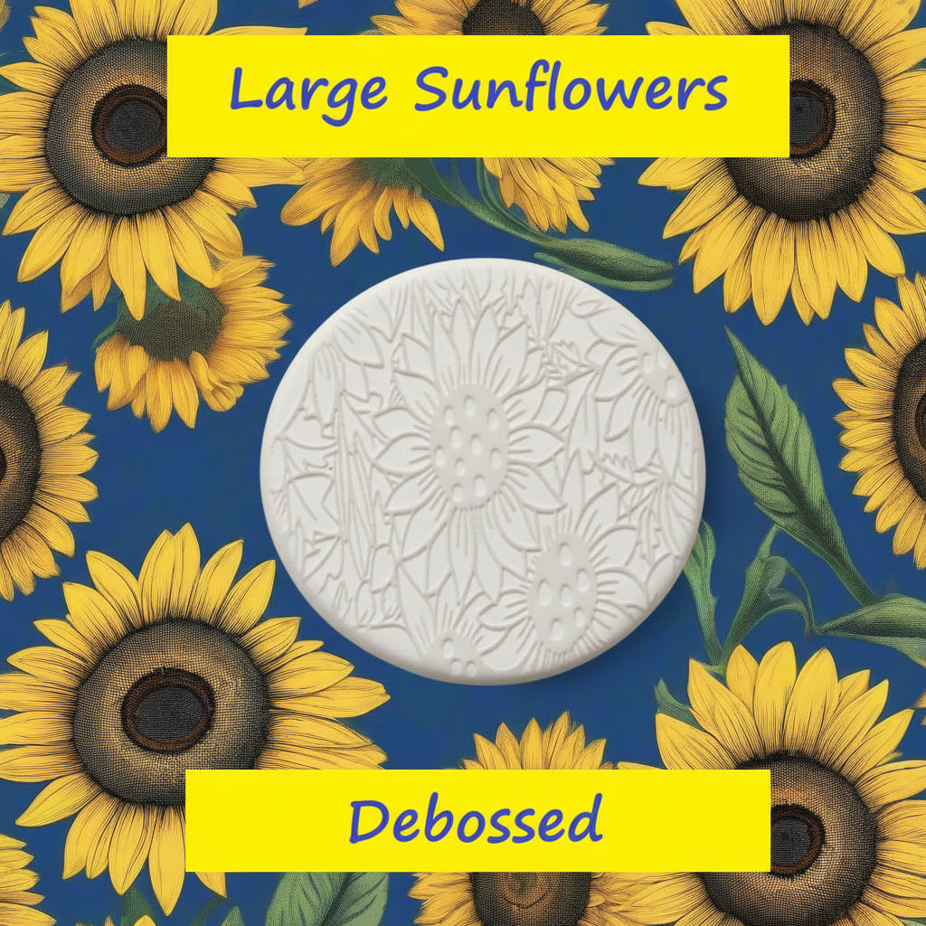 A large sunflower pattern embossed in clay using a large sunflower patterned debossed texture mat.