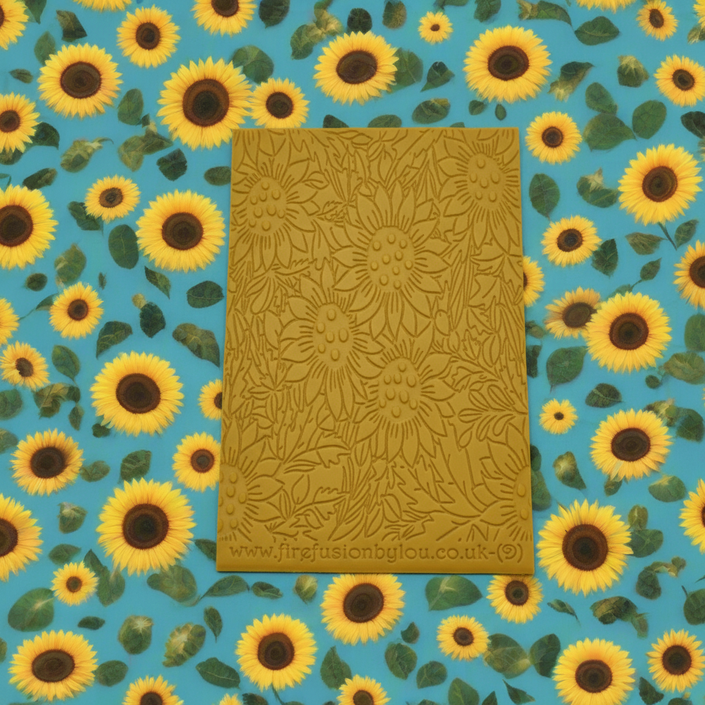 Yellow embossed sunflower design on a blue background with sunflower pattern