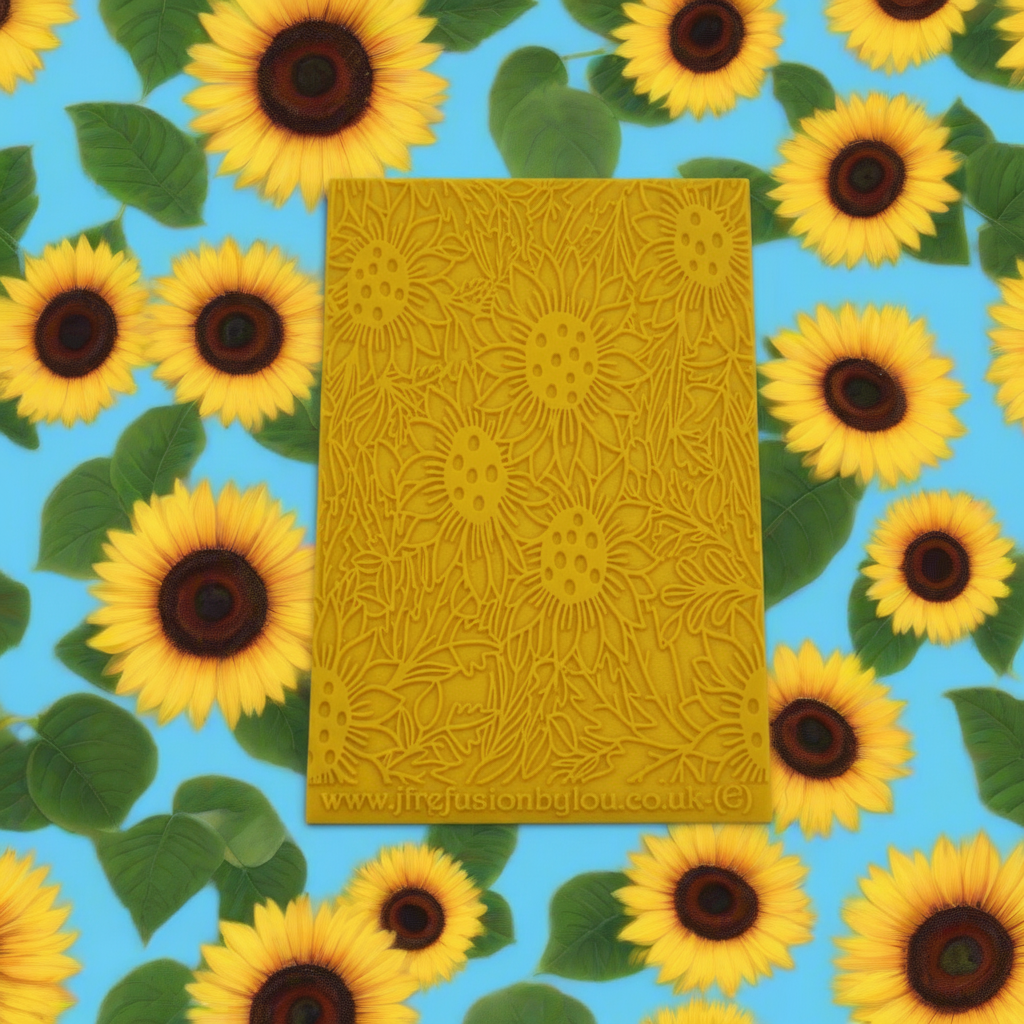 Yellow Debossed sunflower design on a blue background with sunflower pattern