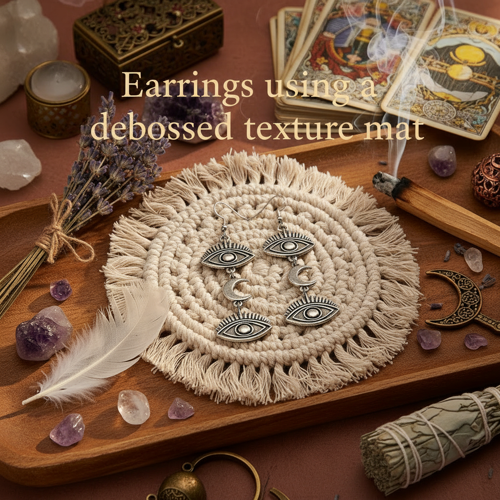 Earrings on a macramé mat with tarot cards, crystals, and other decorative items on a wooden surface.