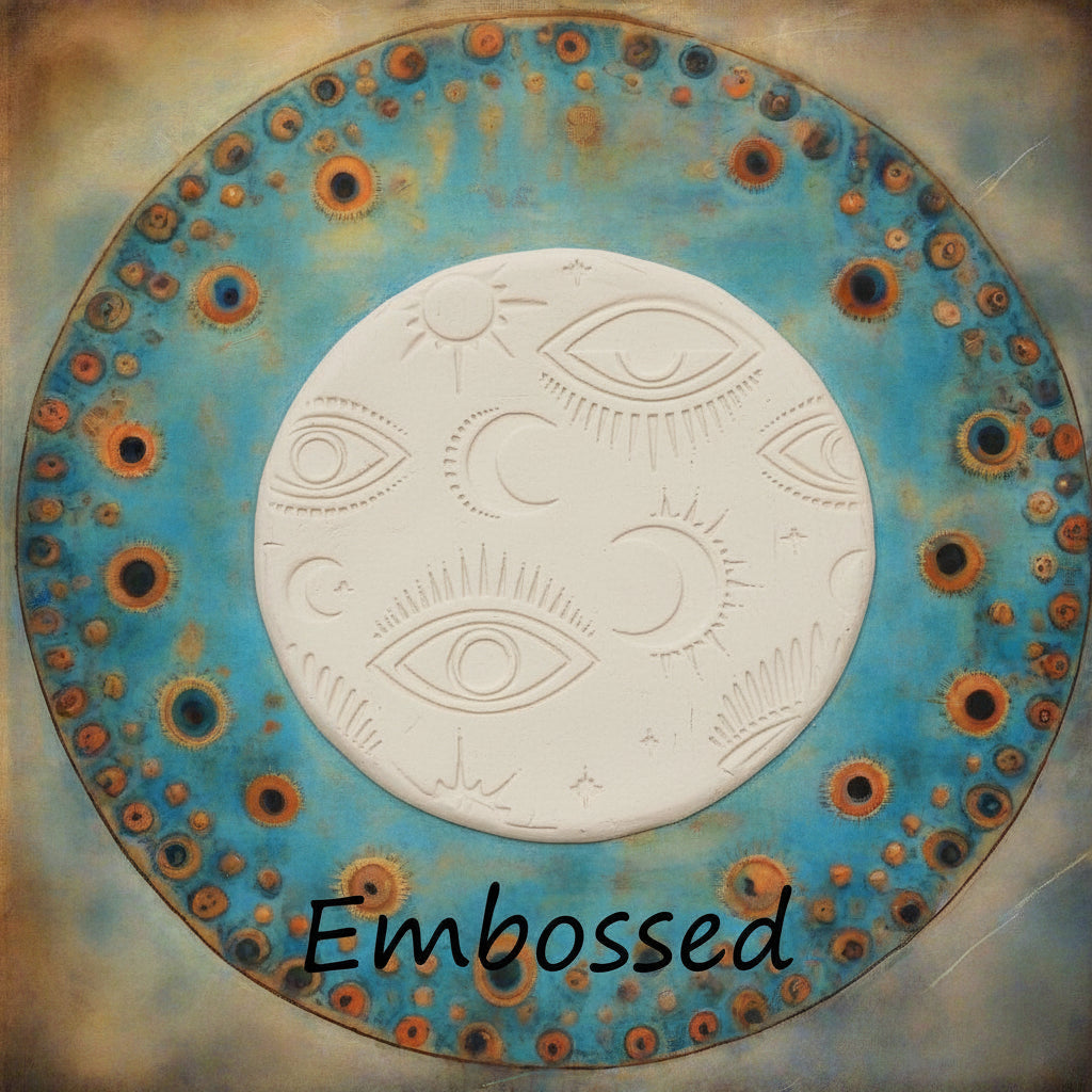 A mystical eye pattern debossed in clay using a patterned embossed texture mat in grey material. 
