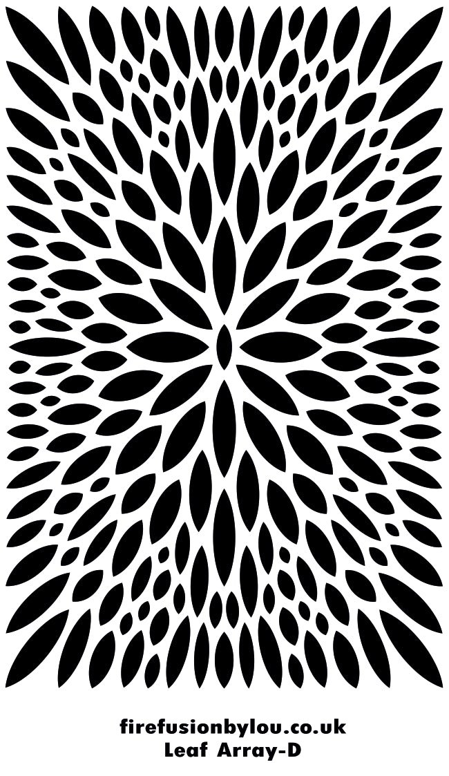A black leaf-shaped geometric pattern arranged in a radial starburst design on a white background, with the text 'firefusionbylou.co.uk
