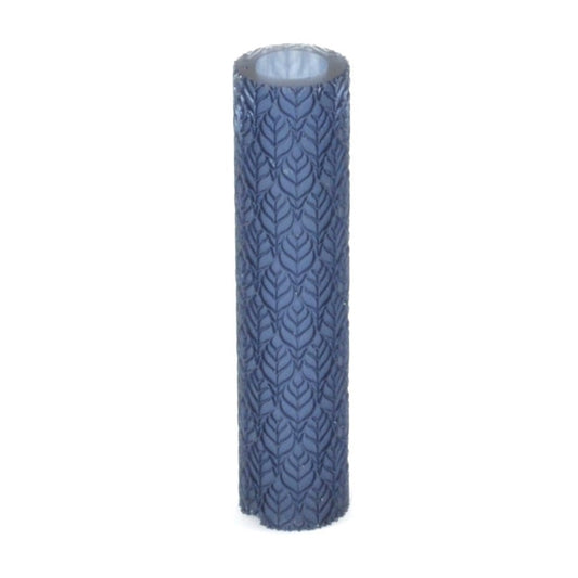 Blue-grey cylindrical roller with a textured pattern on a white background