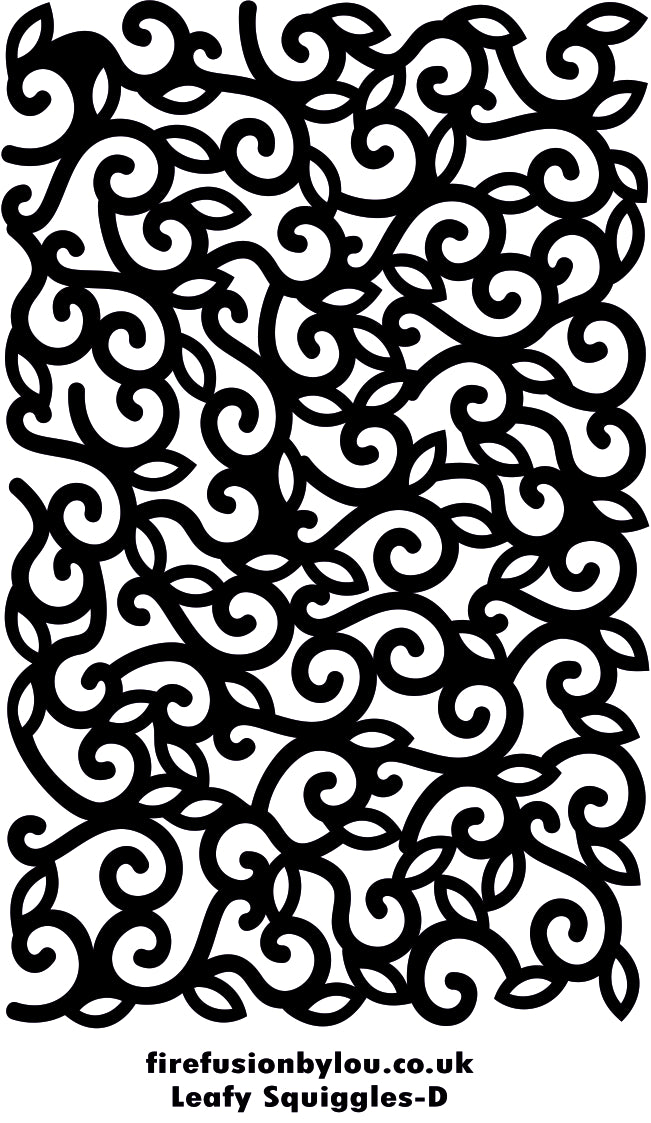 Black and white repeating ornamental scrollwork pattern with leaf-like motifs, shown as a flat graphic with the text 'firefusionbylou.co.uk
