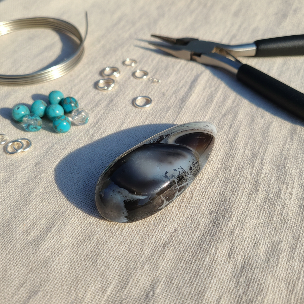 Jewellery-making tools and materials including beads, wire, and pliers on a textured surface with a dendrite agate cabochon