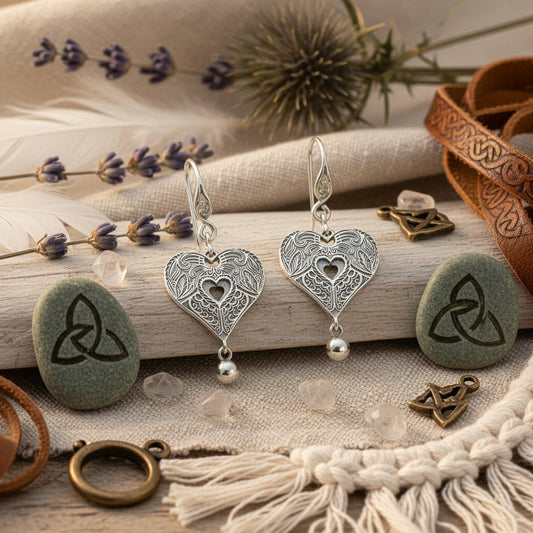 Silver heart-shaped earrings with green stones featuring Celtic designs on a natural background.