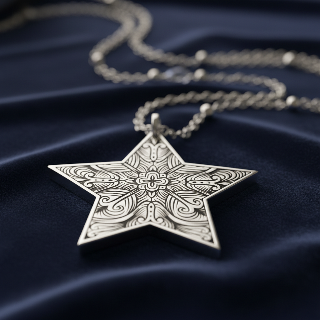 Star-shaped silver pendant with intricate patterns on a velvet surface
