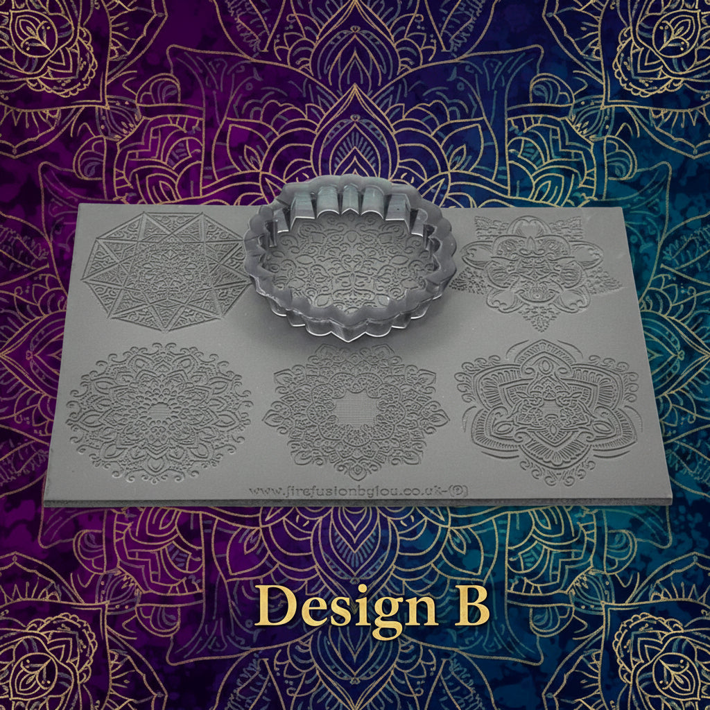 Decorative mandala on a textured purple and blue background with 'Design B' text.