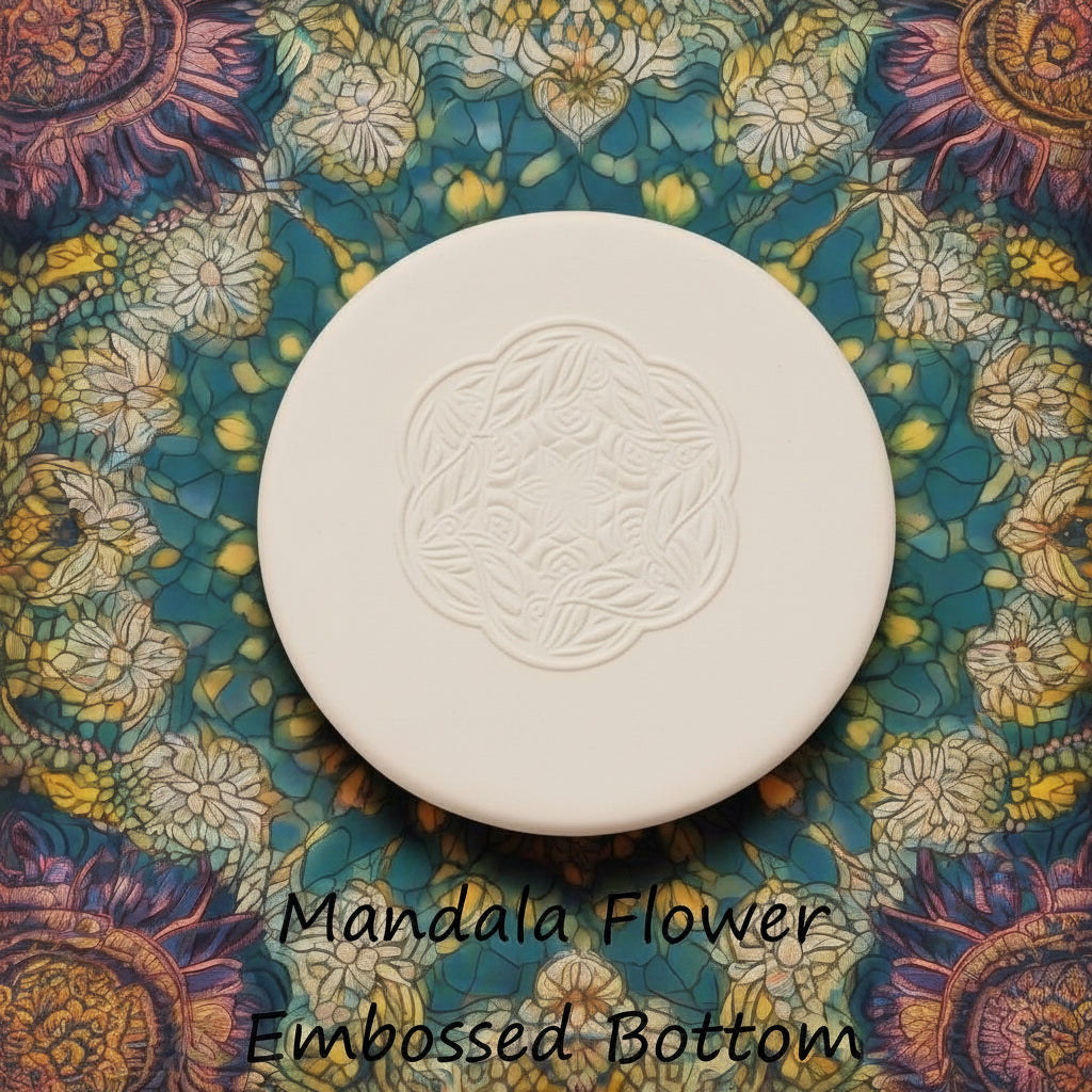 flower mandala debossed in clay using a embossed texture mat. 
