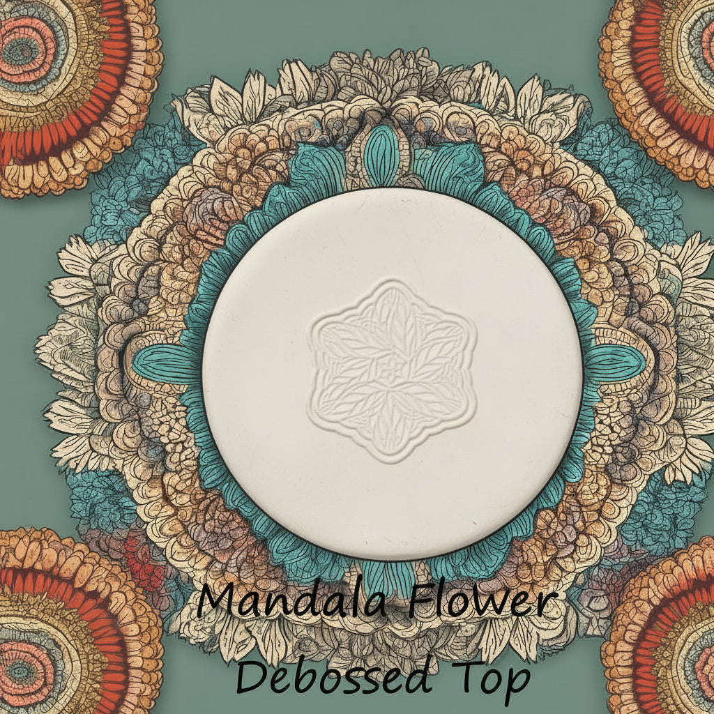 Flower mandala embossed in clay using a debossed texture mat. 