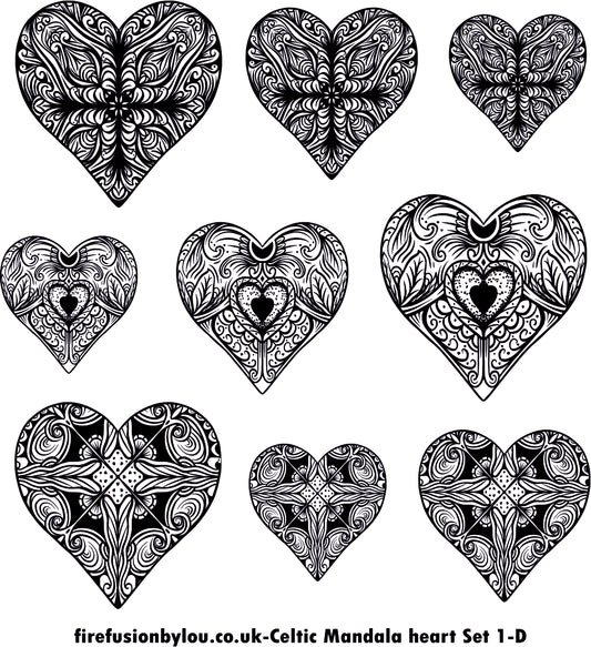 A debossed texture mat of three intricate  Celtic mandala hearts. This picture shows the texture mat pattern in black and white for use on metal clay or polymer clay.
