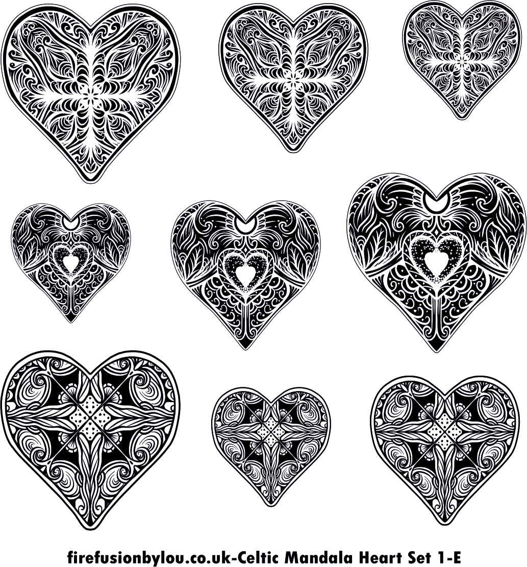 A embossed texture mat jpg of three intricate  Celtic mandala hearts. 