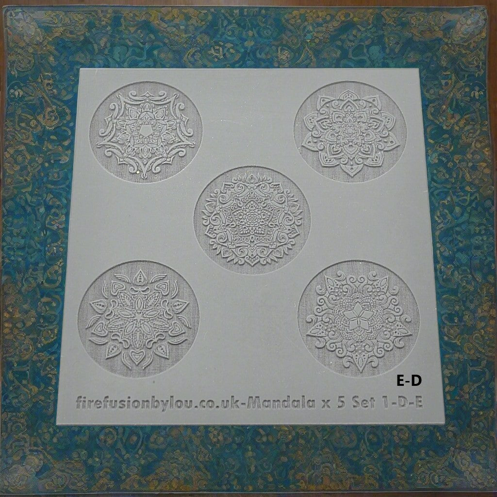 A embossed & debossed texture mat with five mandala designs. Use to make an impression on metal clay and polymer clay.