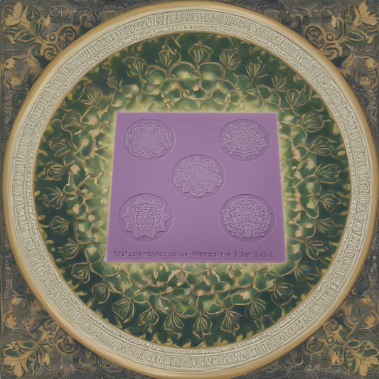 A debossed texture mat with five mandala designs. Use to make an impression on metal clay and polymer clay.