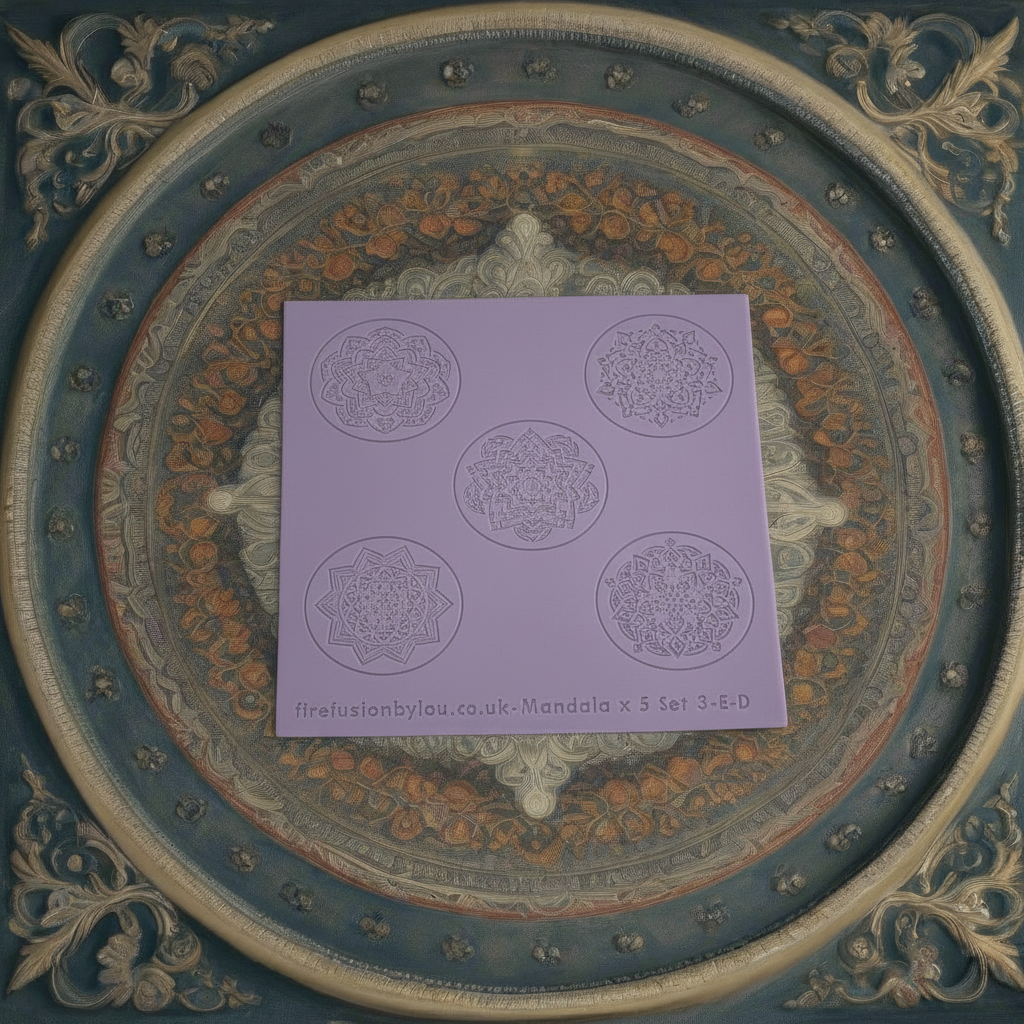 An embossed texture mat with five mandala designs. Use to make an impression on metal clay and polymer clay.