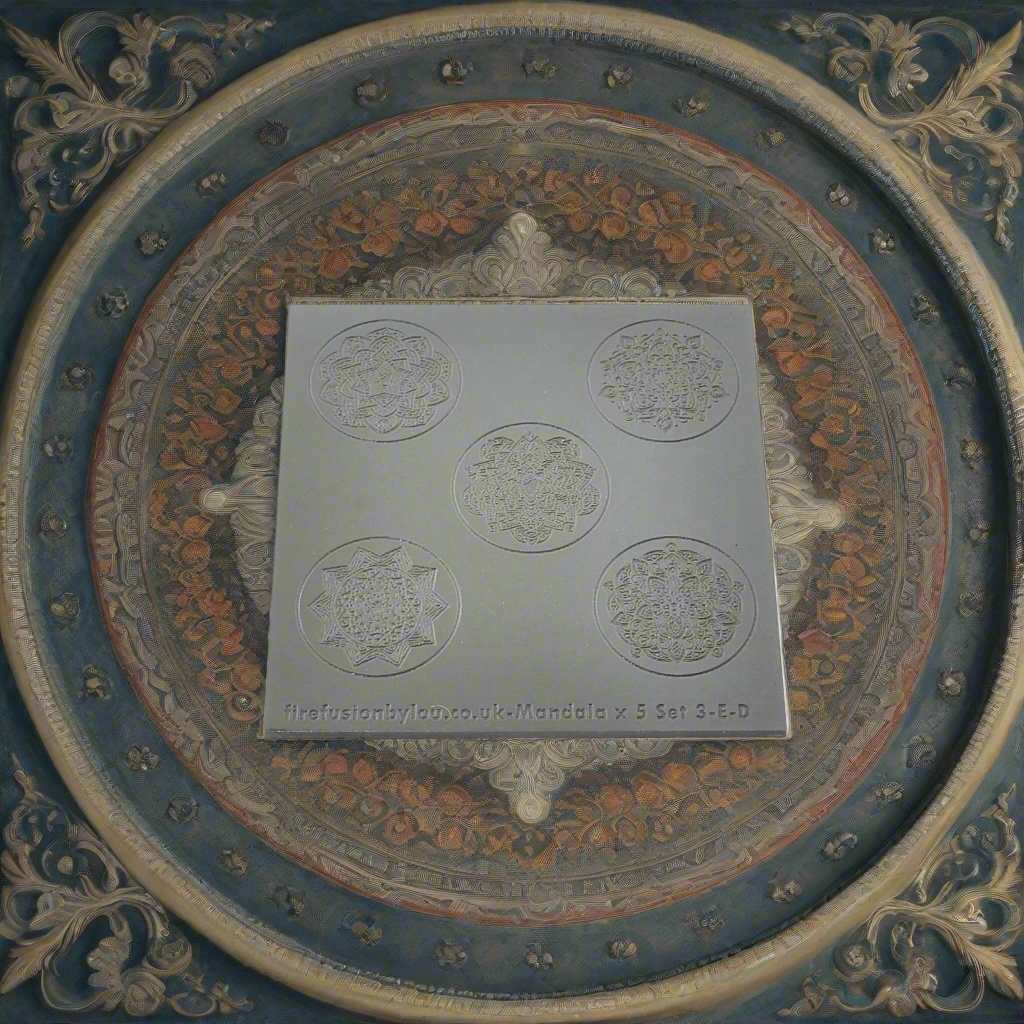 An embossed & debossed texture mat with five mandala designs. Use to make an impression on metal clay and polymer clay.