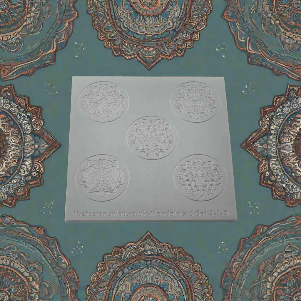 An embossed & debossed texture mat with five mandala designs. Use to make an impression on metal clay and polymer clay.