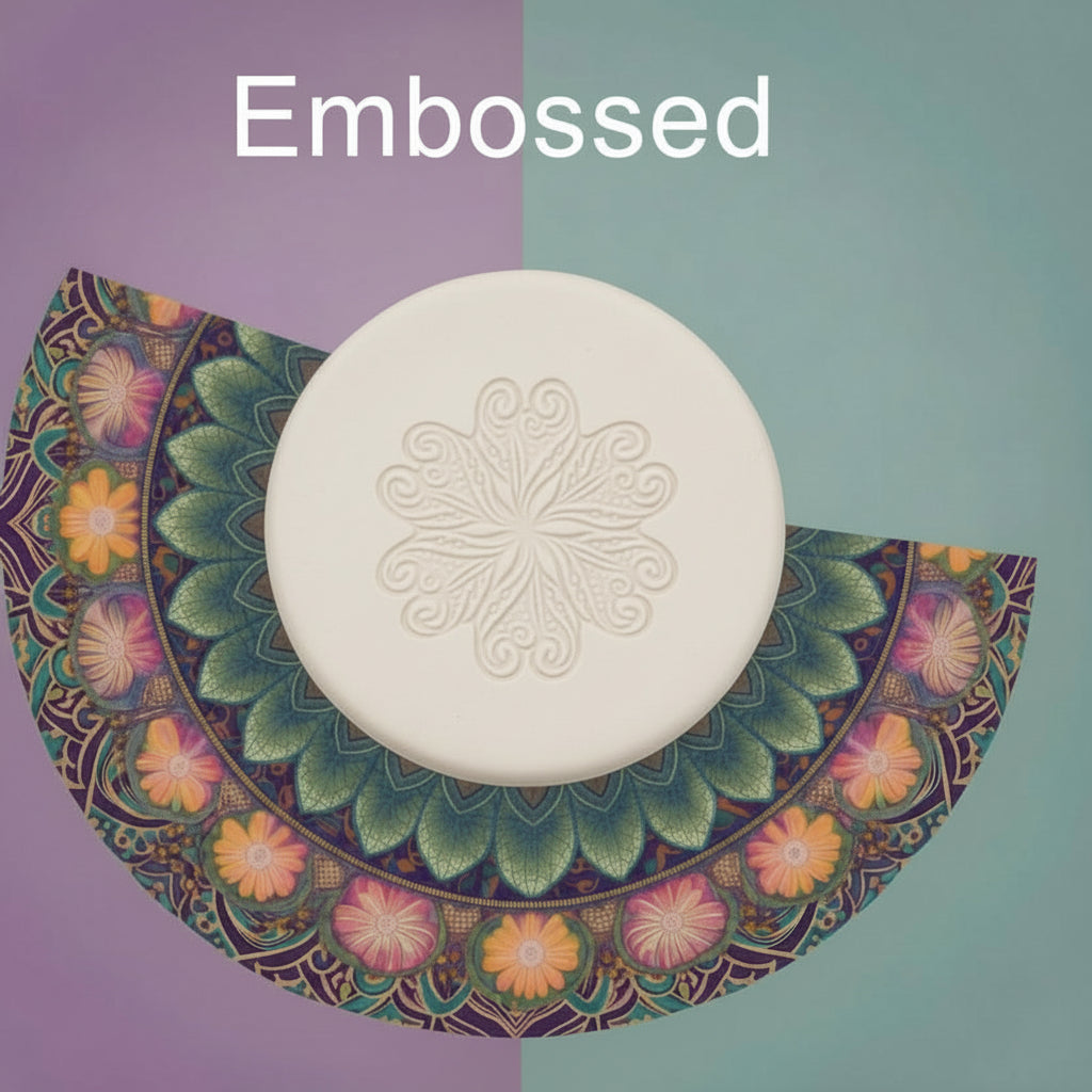 A flower mandala debossed in clay using a embossed texture mat. 