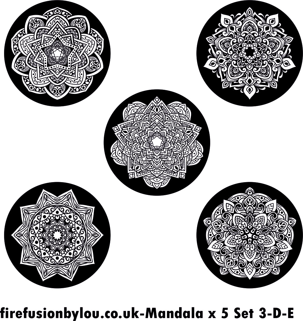 A debossed & embossed texture mat of five intricate mandala. This picture shows the texture mat pattern in black and white for use on metal clay or polymer clay.
